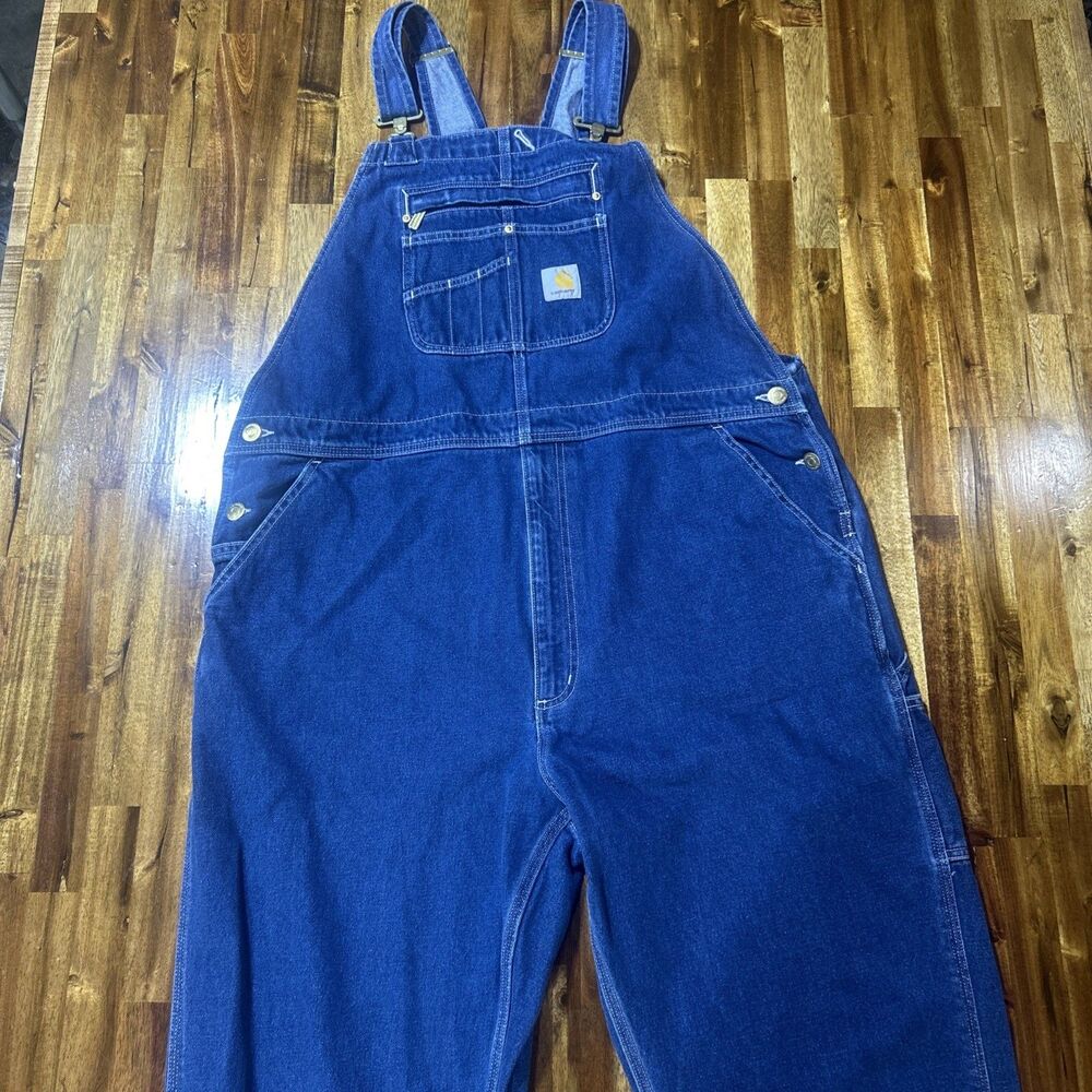 Carhartt Mens Washed Blue Denim Loose Fit Work Bib Overalls Size 42X30 OR4672-M